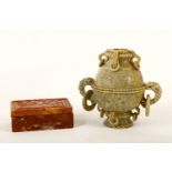 A carved Chinese soapstone censer with cover and a box and cover, the censer of spherical form