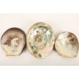 A pair of Dieppe mother of pearl shells, carved with girls on a beach, one signed 'Boyer';
