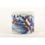A Chinese blue and white with red under glazed brush pot, of cylindrical form, the exterior
