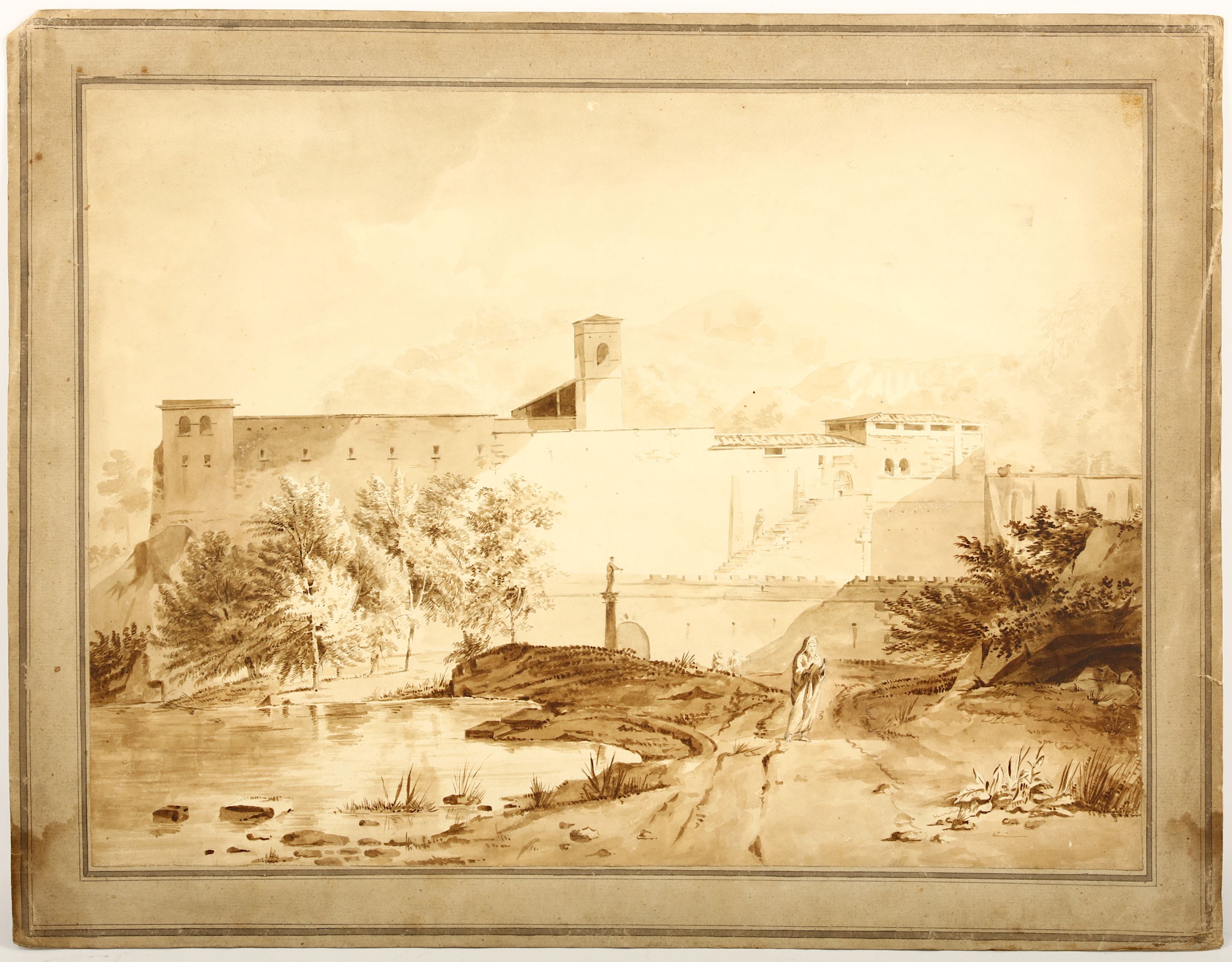 A pair of 18th Century landscape views with Basilica, classical Italian castles and figures, pen and - Image 2 of 2
