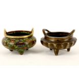 A Chinese tripod bronze censer together with a cloisonne enamel censer, the body of the bronze