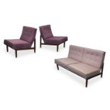Florence Knoll for Knoll International, two seater sofa and a pair of lounge chairs, with teak