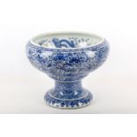 A Chinese large blue and white stem bowl, Qing dynasty, the globular bowl with wide shoulders