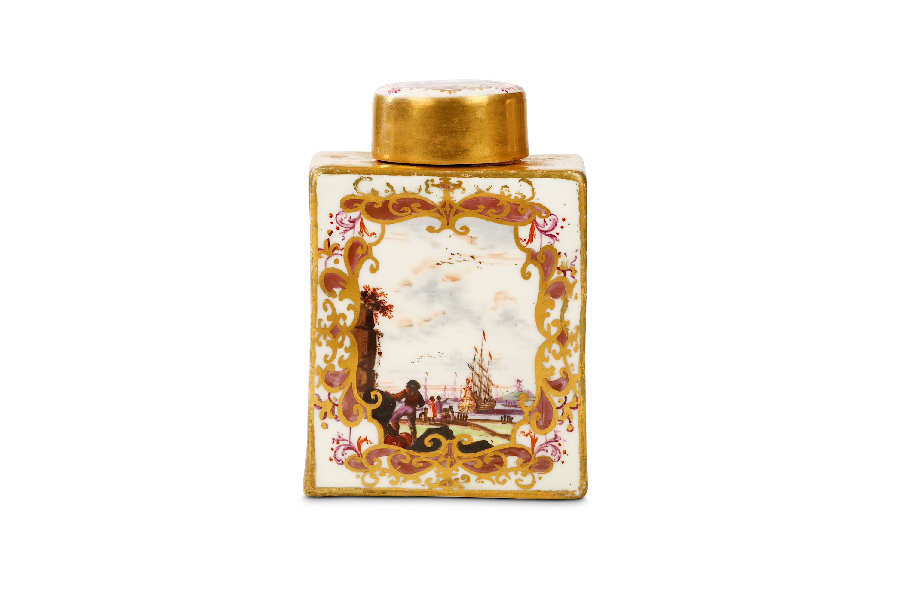 A MEISSEN TEA CANISTER AND A COVER