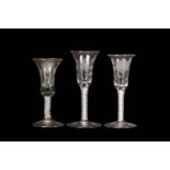 THREE DUTCH ENGRAVED JACOBITE OPAQUE TWIST WINE GLASSES