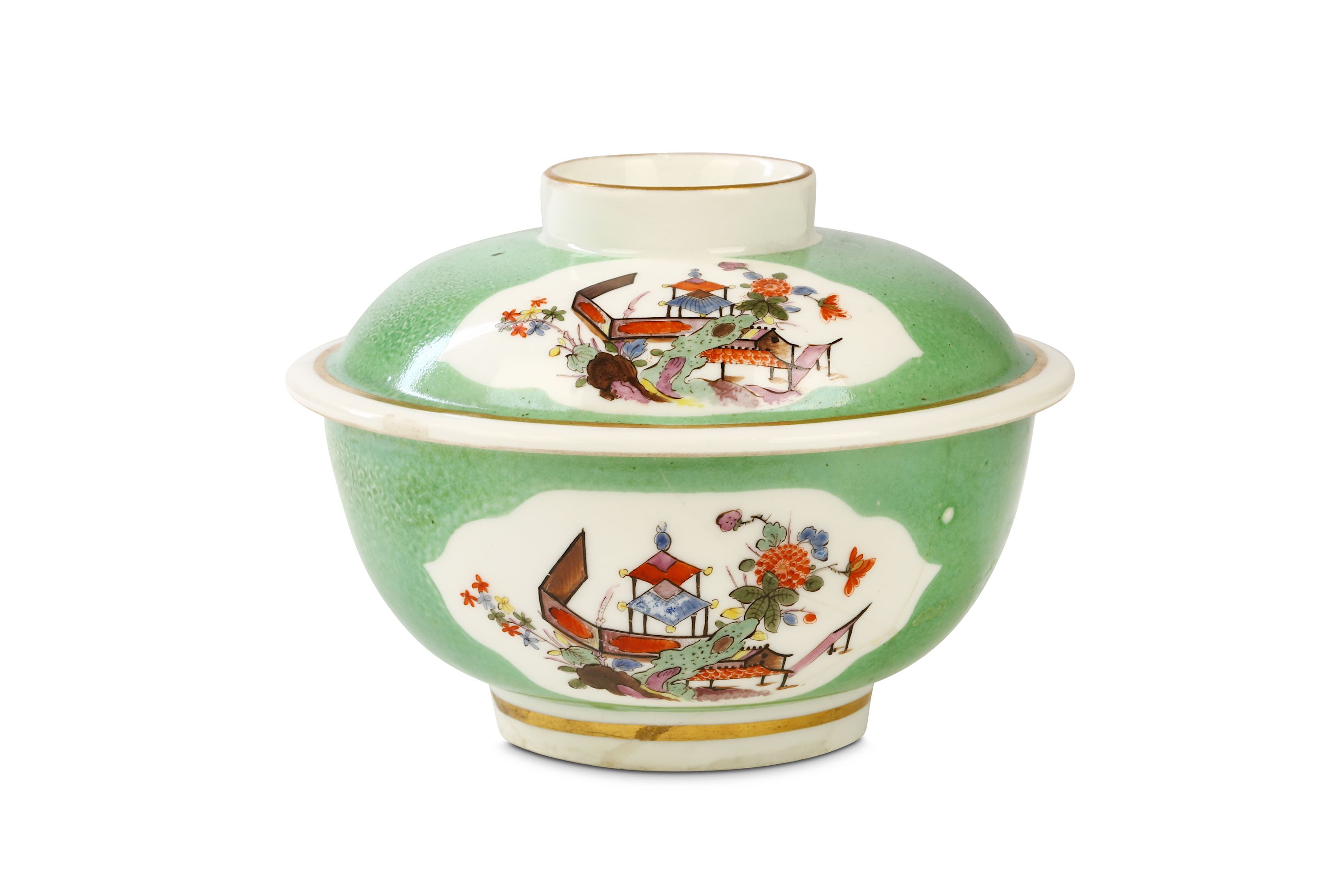 A RARE MEISSEN GREEN-GROUND SUGAR BOWL AND COVER