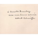 Schweitzer (Albert) Off-white card signed and inscribed in French "A' Arnold Bruxley avec mes