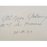 Petain (Philippe) Off-white card signed and dated "Philippe Petain M.al de France, 30-10-50" in ink,