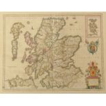 Blaeu (Willem Janszoon) Scotia Regnum, view of the Orkney Isles upper right, title cartouche with