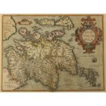 Ortelius (Abraham) Scotiae Tabula, oriented with north to the right, featuring large elaborate