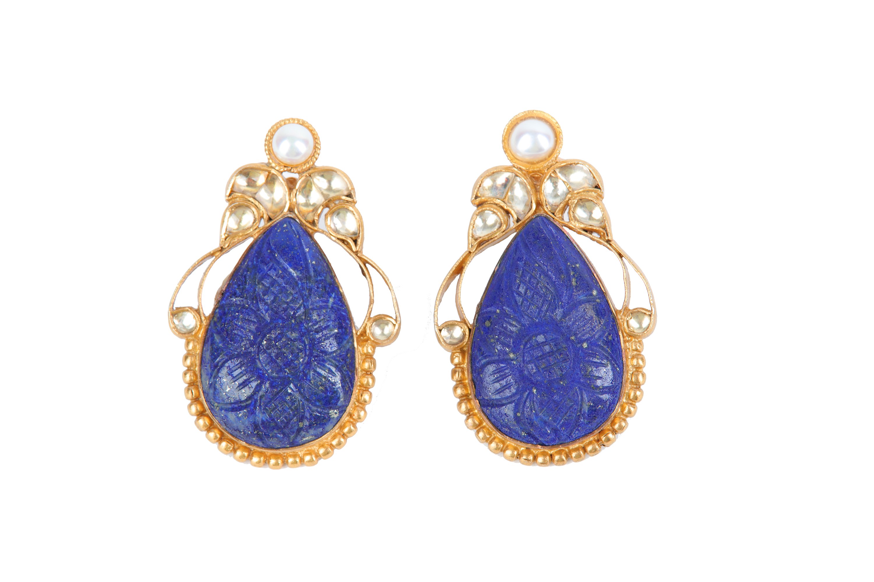 A pair of silver gilt, carved lapis and paste earrings, post fittings, stamped 925 length 4.6cm