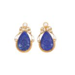 A pair of silver gilt, carved lapis and paste earrings, post fittings, stamped 925 length 4.6cm