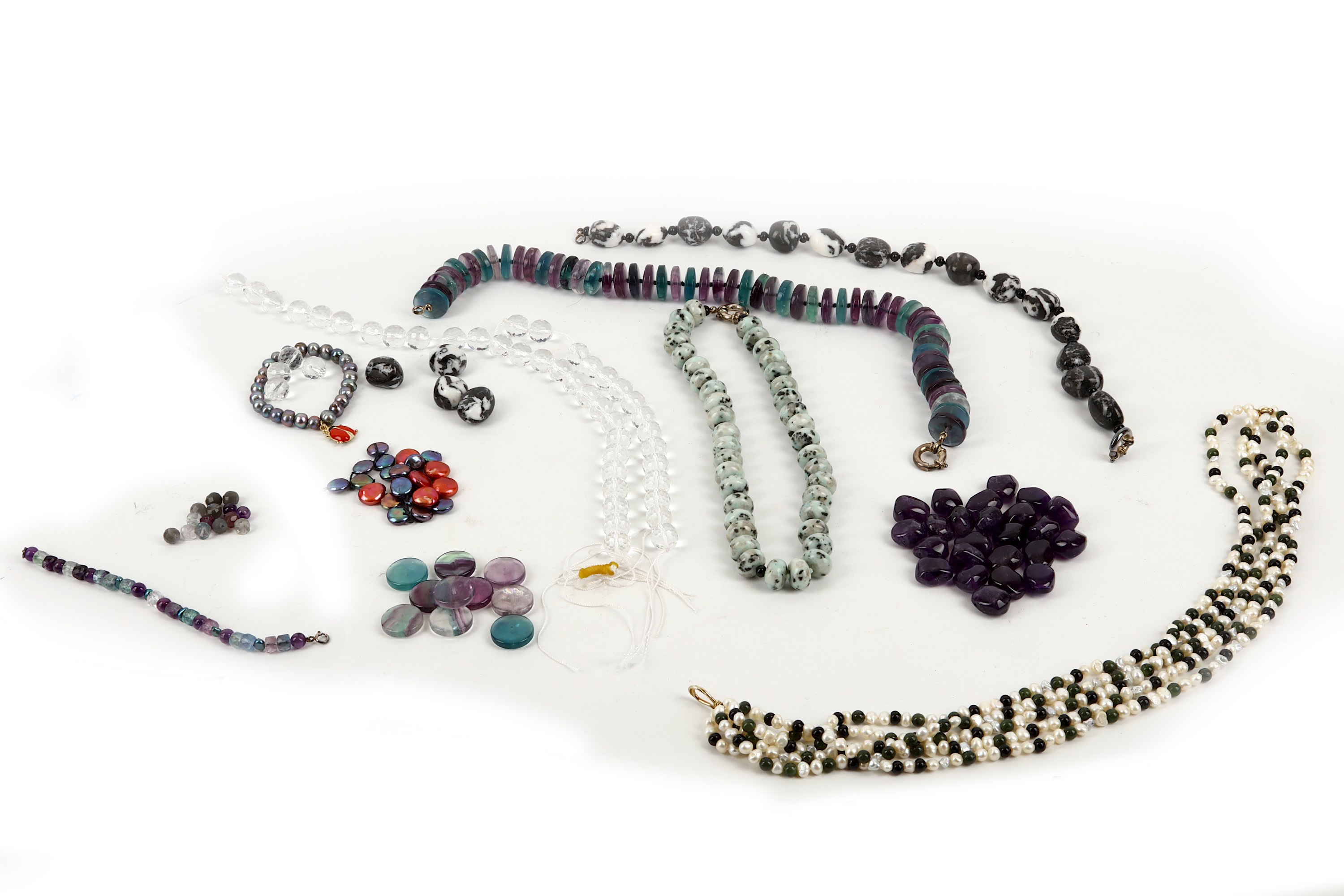 Group of bead necklaces, including examples set with hardstone and freshwater pearls, including some