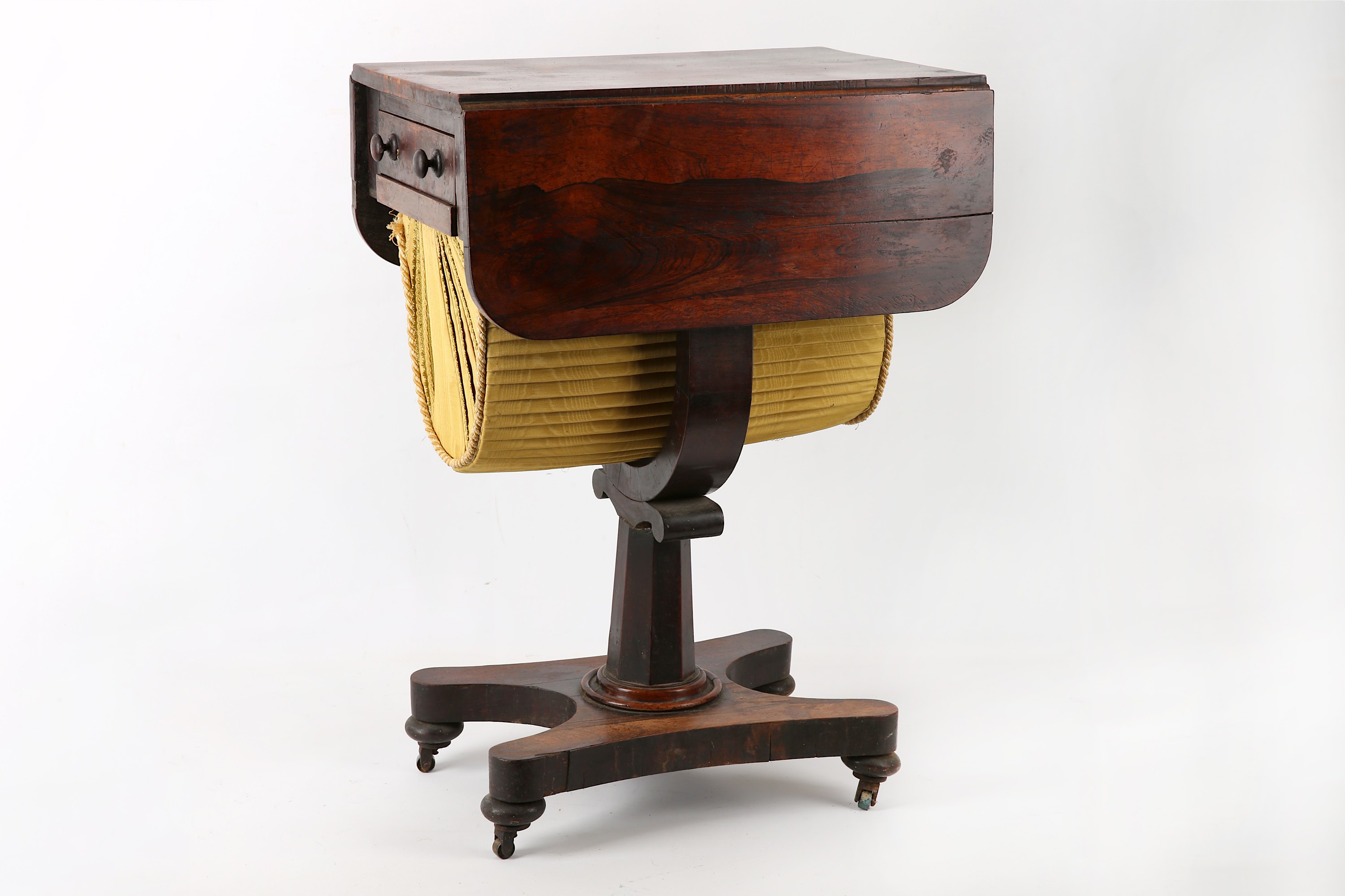 A William IV rosewood ladie's dropleaf workbox or table, circa 1830, with a single drawer over a