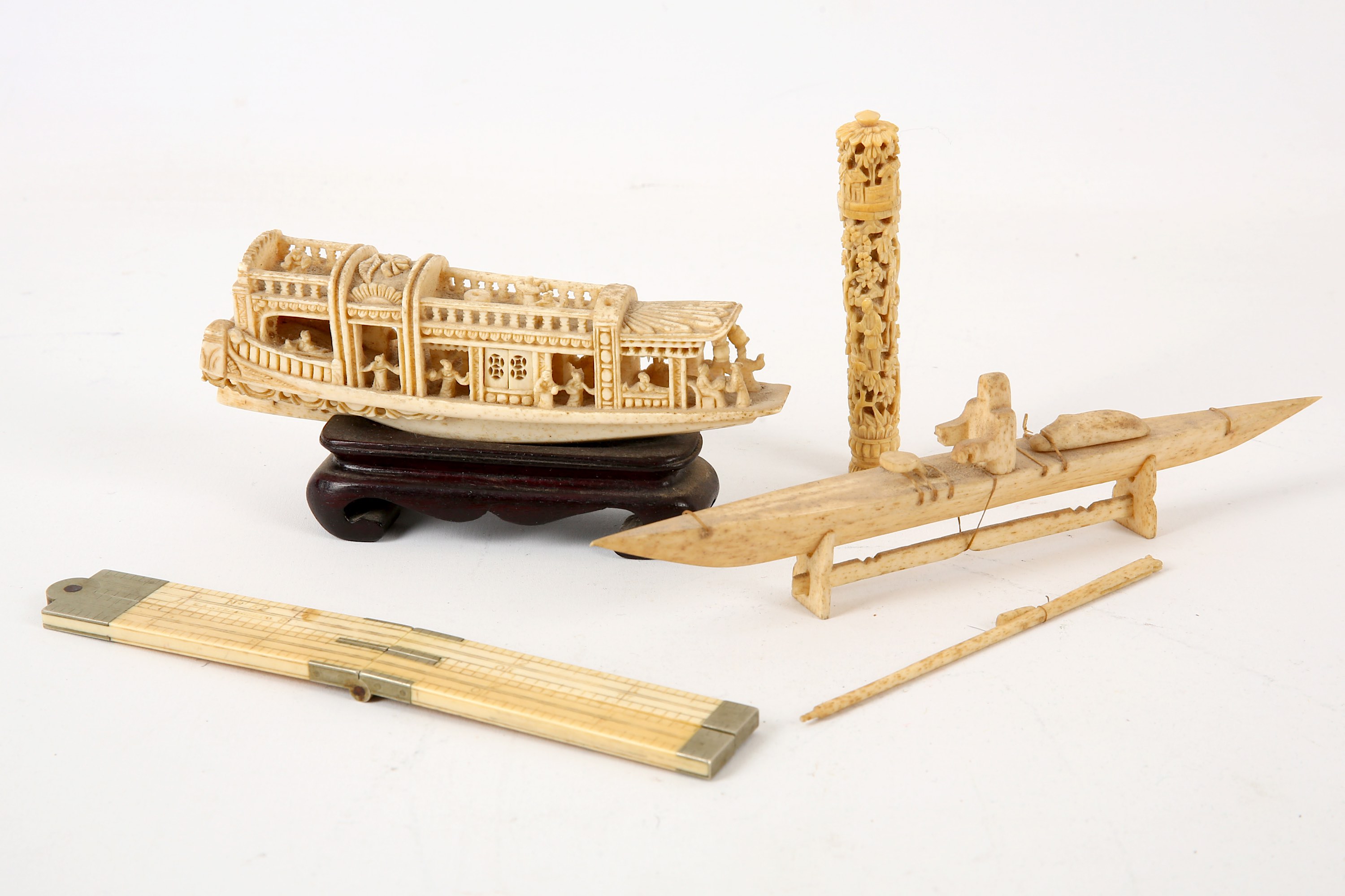 An interesting collection of carved items, 19th Century, to include two Chinese ivory carvings of