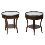 A pair of French Louis XV style tables, early 20th Century, the circular marble tops with pierced