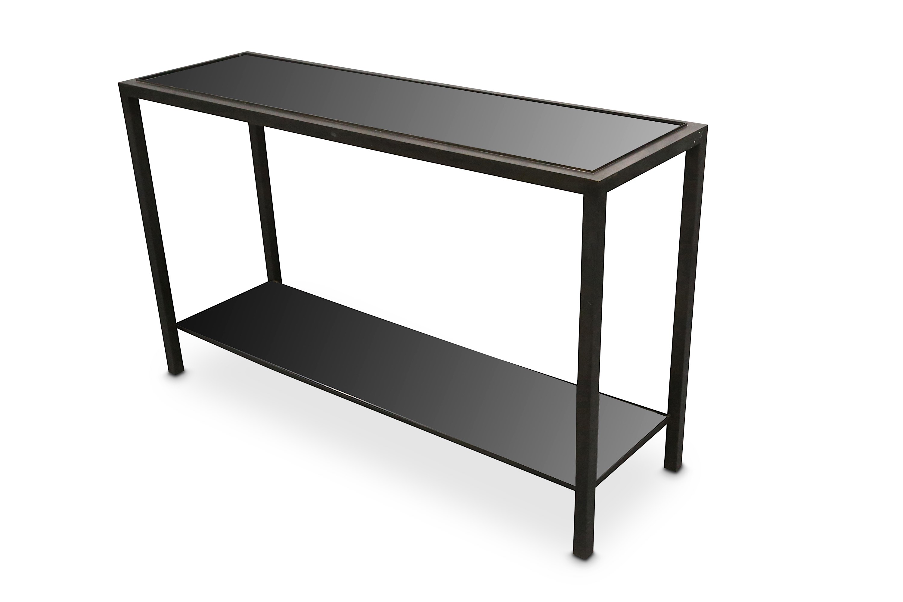 A modern console table, with black glass top and lower tier, and bronzed metal frame, 130 x 40 x