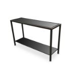 A modern console table, with black glass top and lower tier, and bronzed metal frame, 130 x 40 x