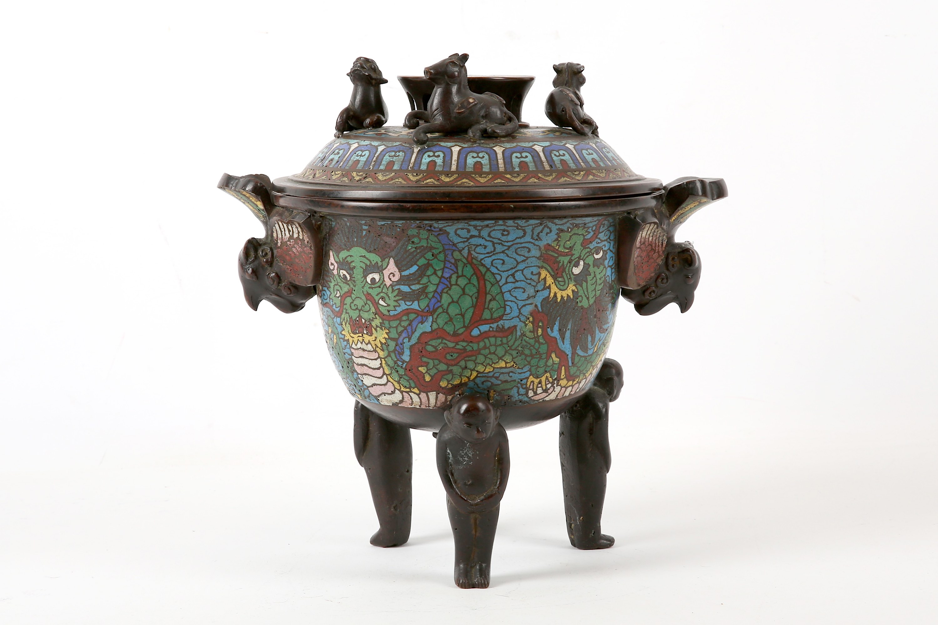 A Chinese cloissonne bronze censor and cover, with twin winged bird handles on three cast figural