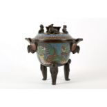 A Chinese cloissonne bronze censor and cover, with twin winged bird handles on three cast figural