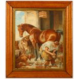 A watercolour of a farrier re-shoeing a horse, 65.5 x 56cm, in a maple frame