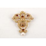 A garnet, pearl and gold pendant/ brooch, set in 14 carat gold with half seed pearls and garnets