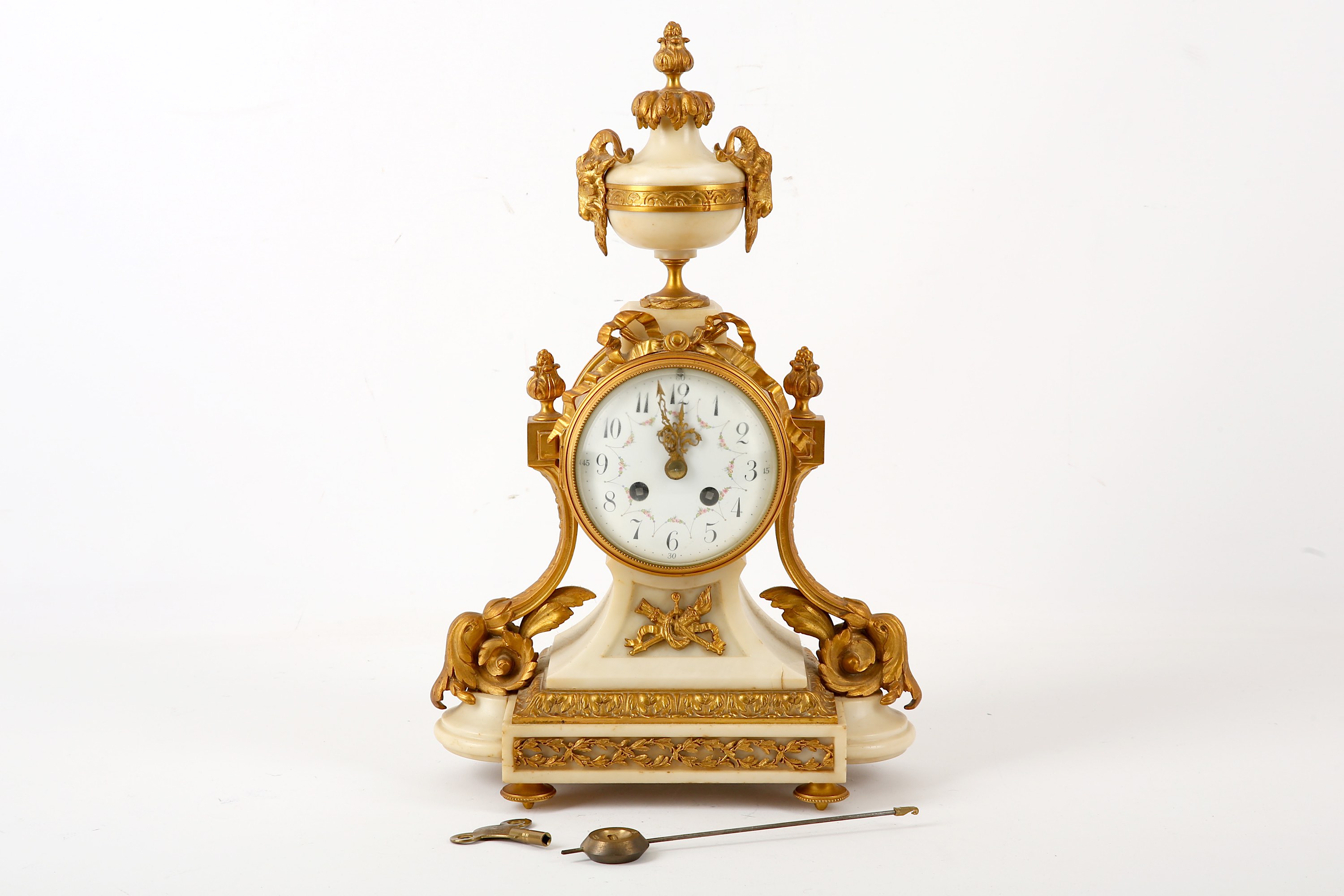 A French marble and ormolu mantle clock, 19th Century, the movement by Japy Freres, the white