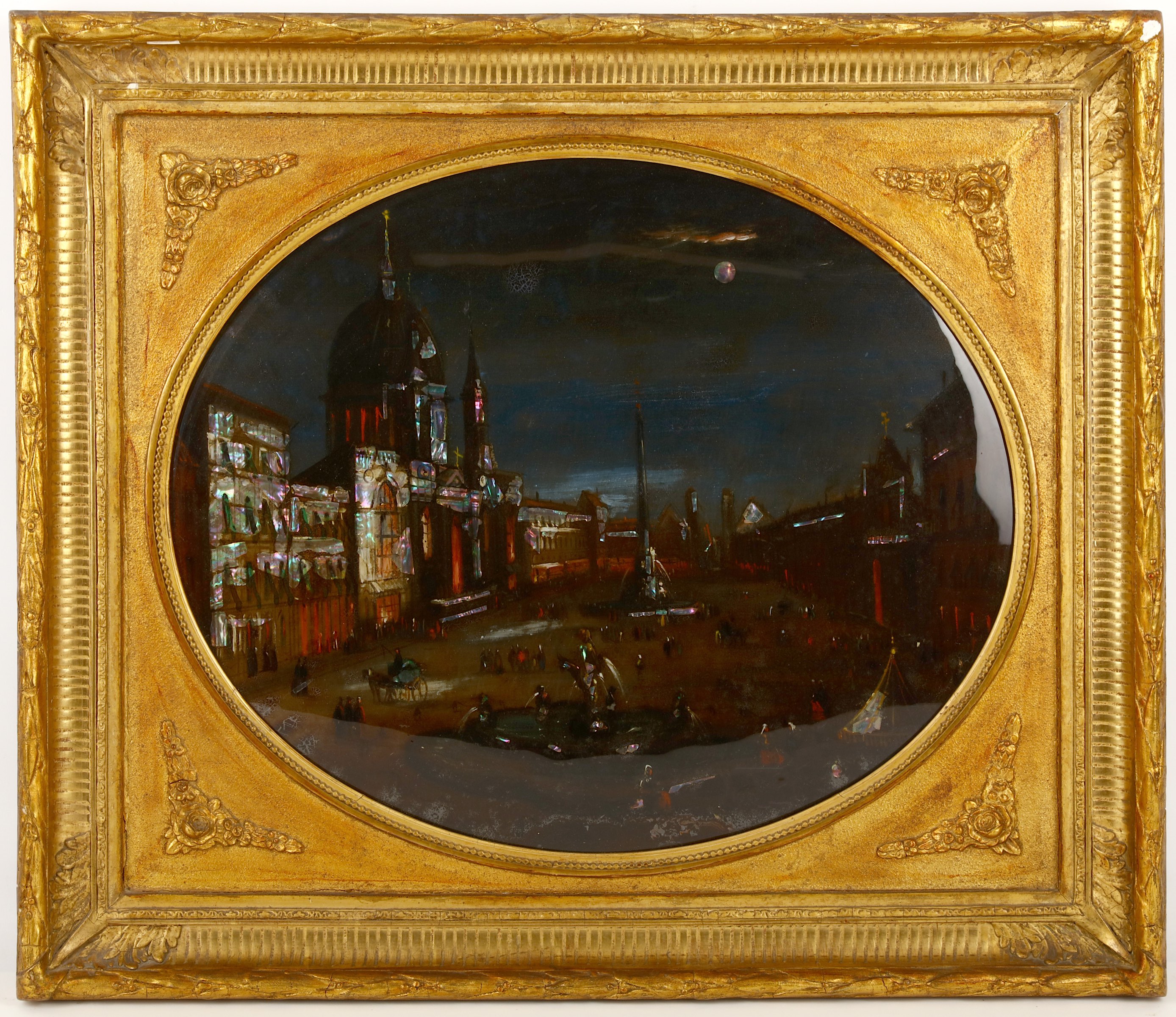 A Regency reverse glass painting, early 19th Century, of oval convex form, depicting the 'Piazza