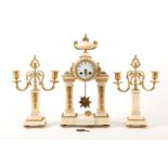 A French alabaster and gilt metal mounted clock garniture, late 19th century, the portico clock case
