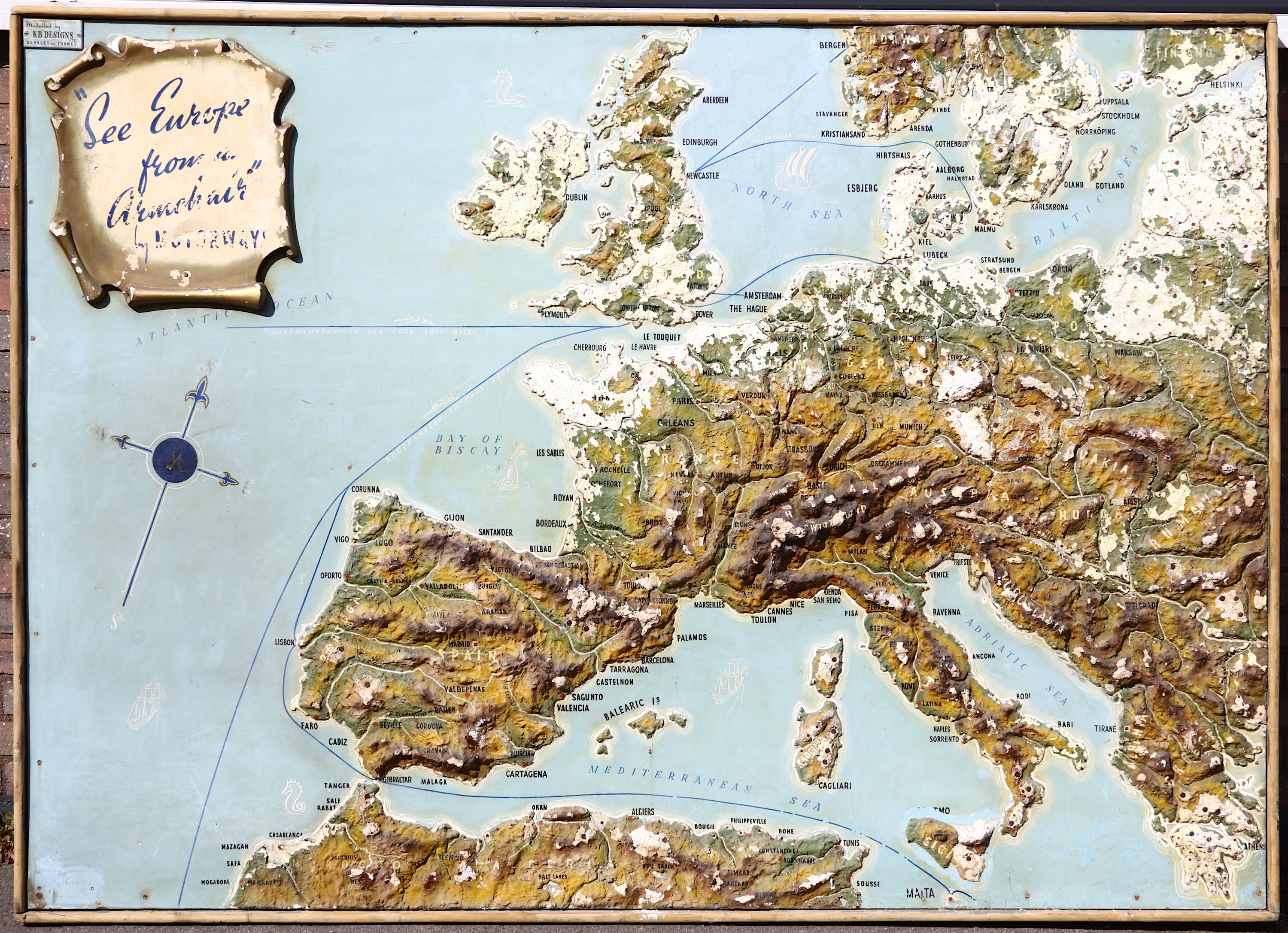 A relief map of Europe, mid-20th Century, manufactured by KB designs for a Norwegian cruise line