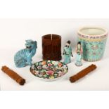 A collection of Chinese items, including two famille rose figures of a lady and an official, a