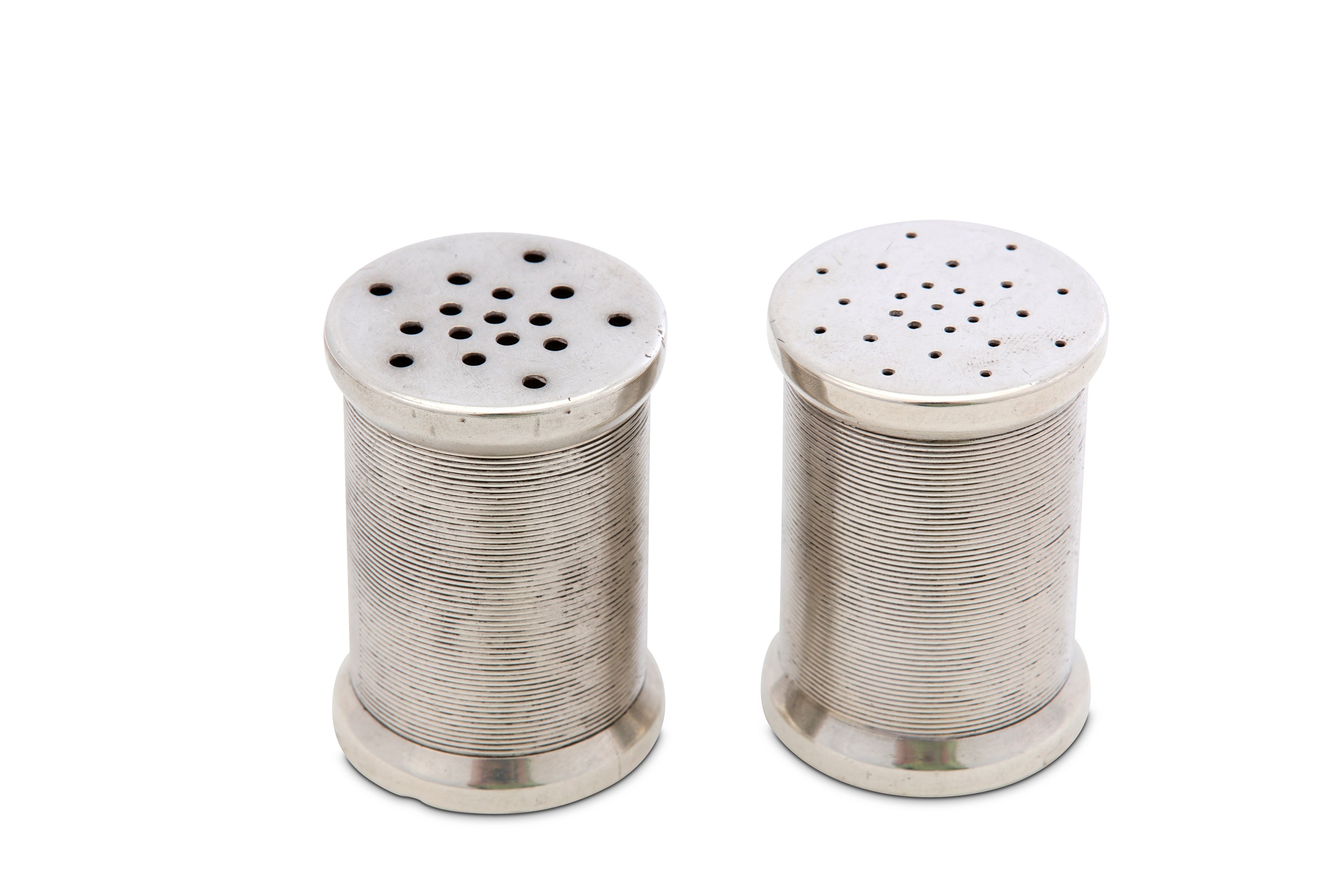 A rare pair of Victorian novelty antique sterling silver pepper and salts pots, London 1882 by Samps