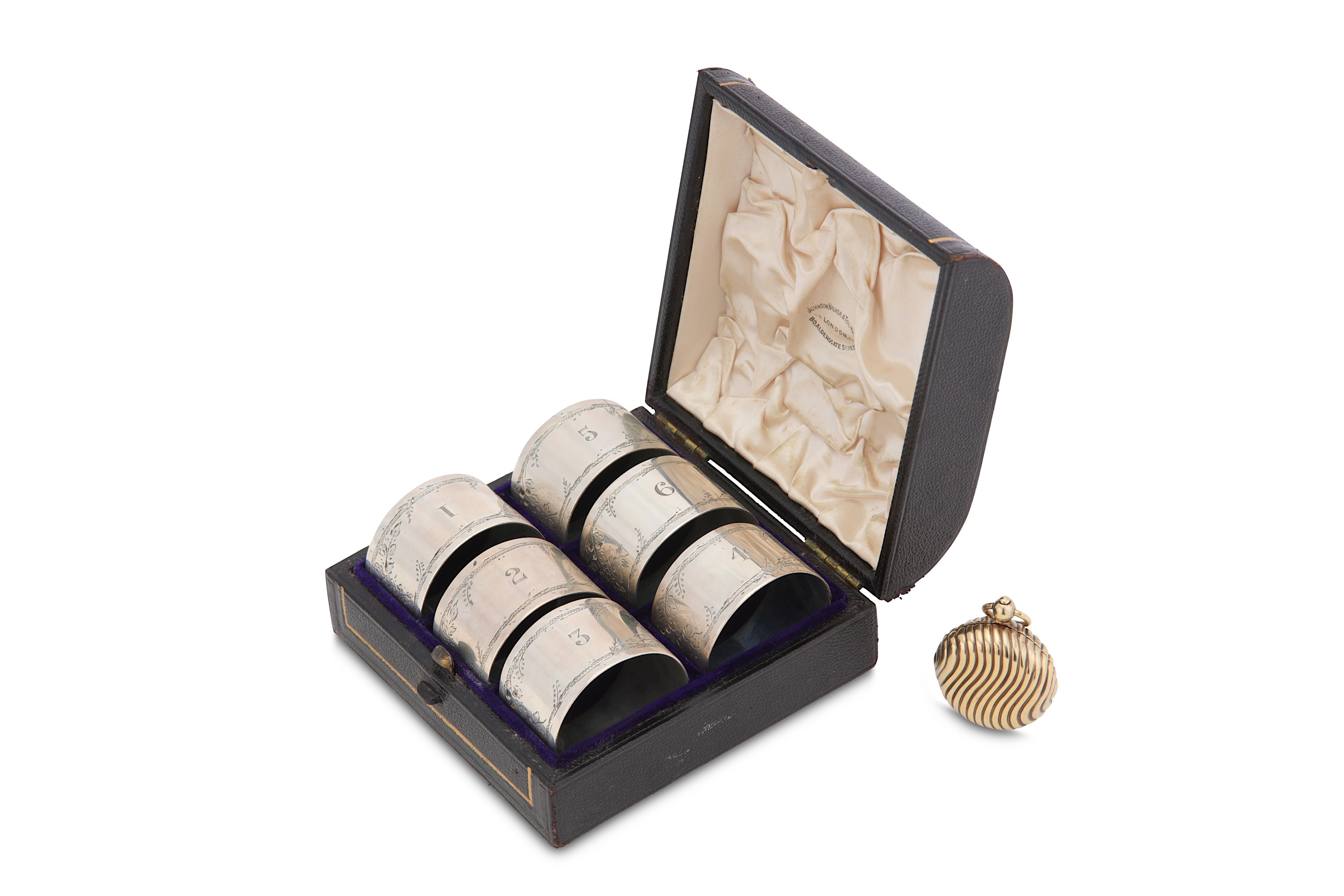 A cased set of six Victorian antique sterling silver napkin rings, London 1859 by Johnson, Walker an - Image 5 of 5