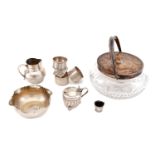 A mixed group of antique sterling silver, including a glass biscuit jar, Sheffield 1925 by William H