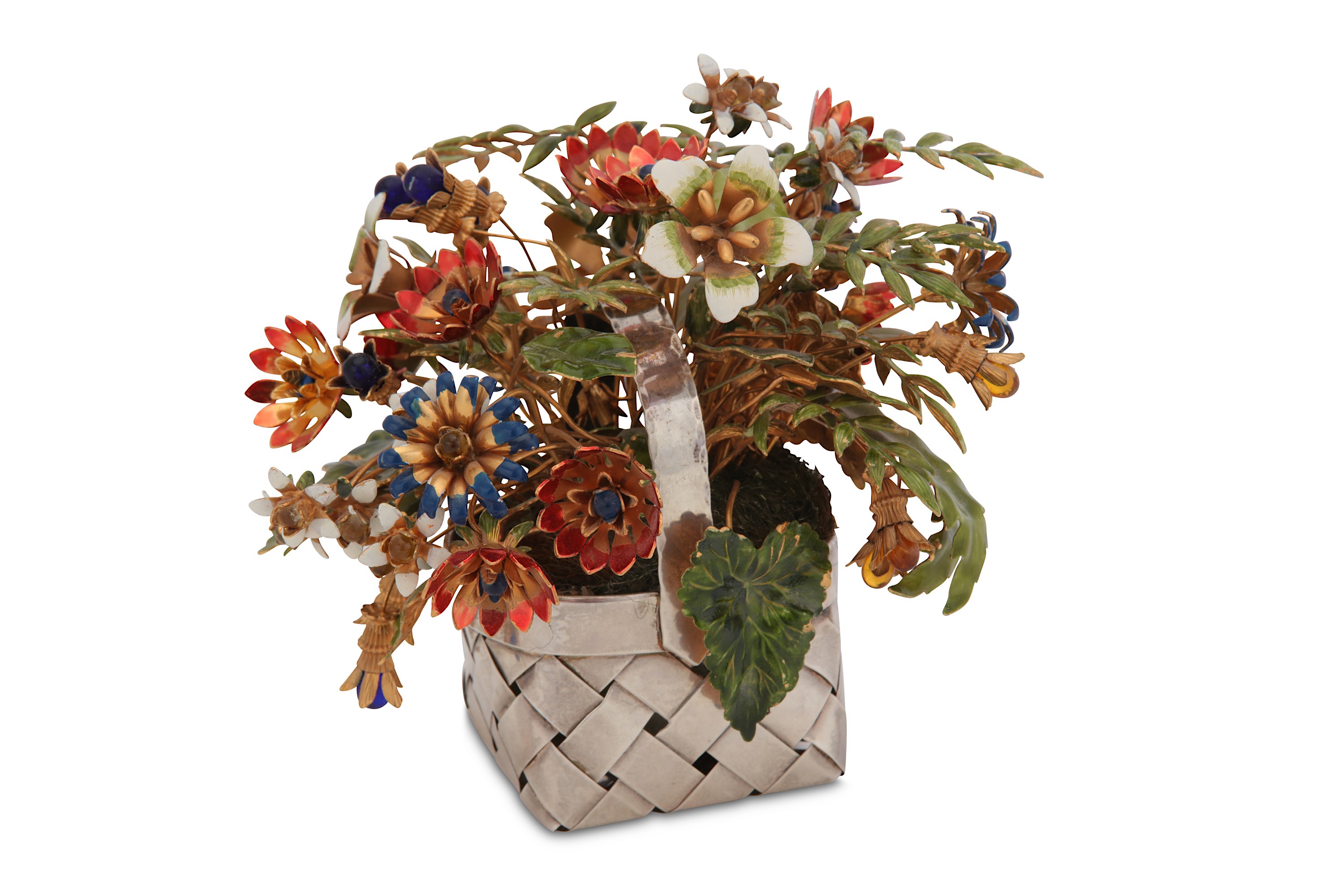 A 20th century sterling silver and enamel flower basket, stamped Cartier