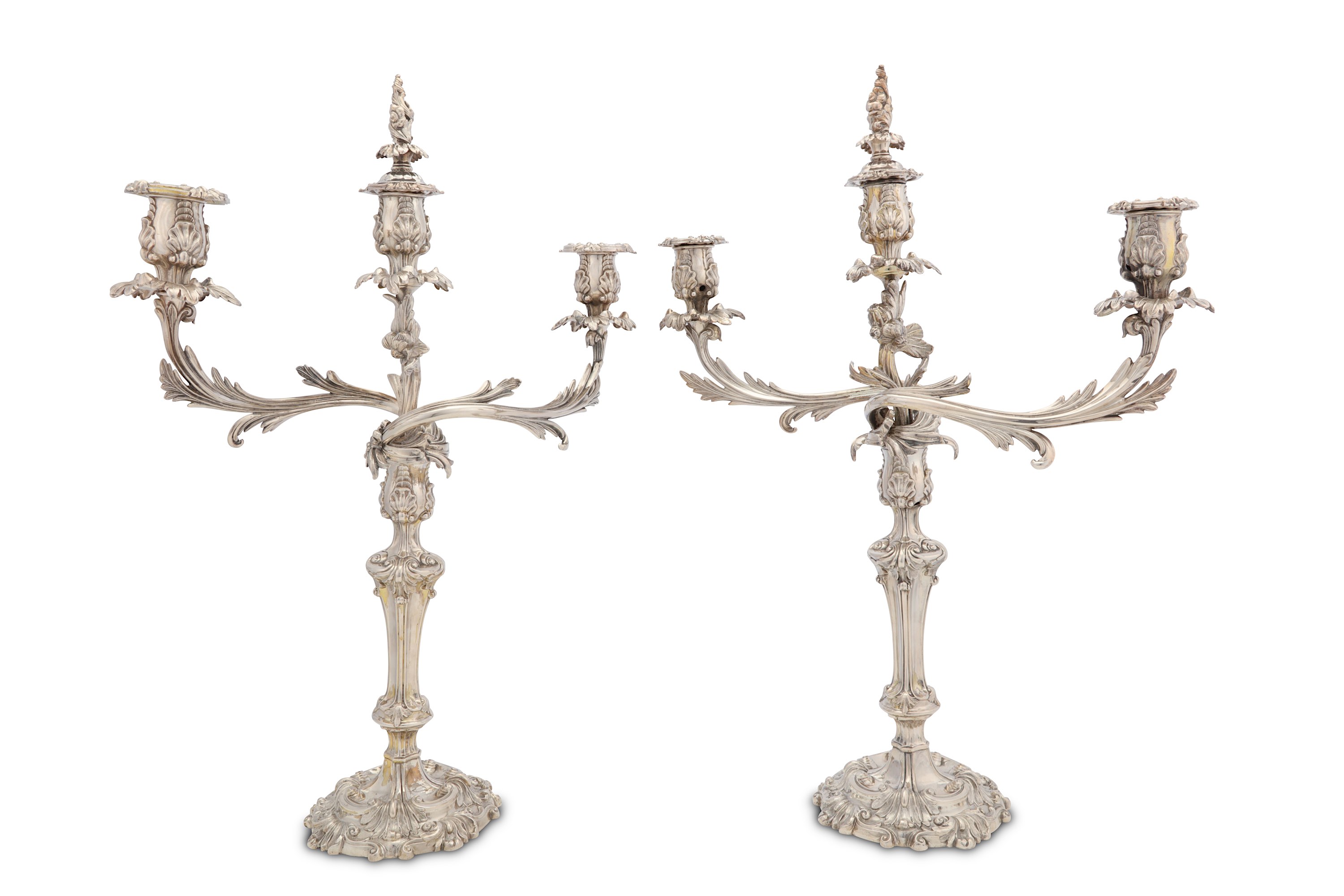 A pair of Victorian EPNS silver plated three light candelabra, circa 1870