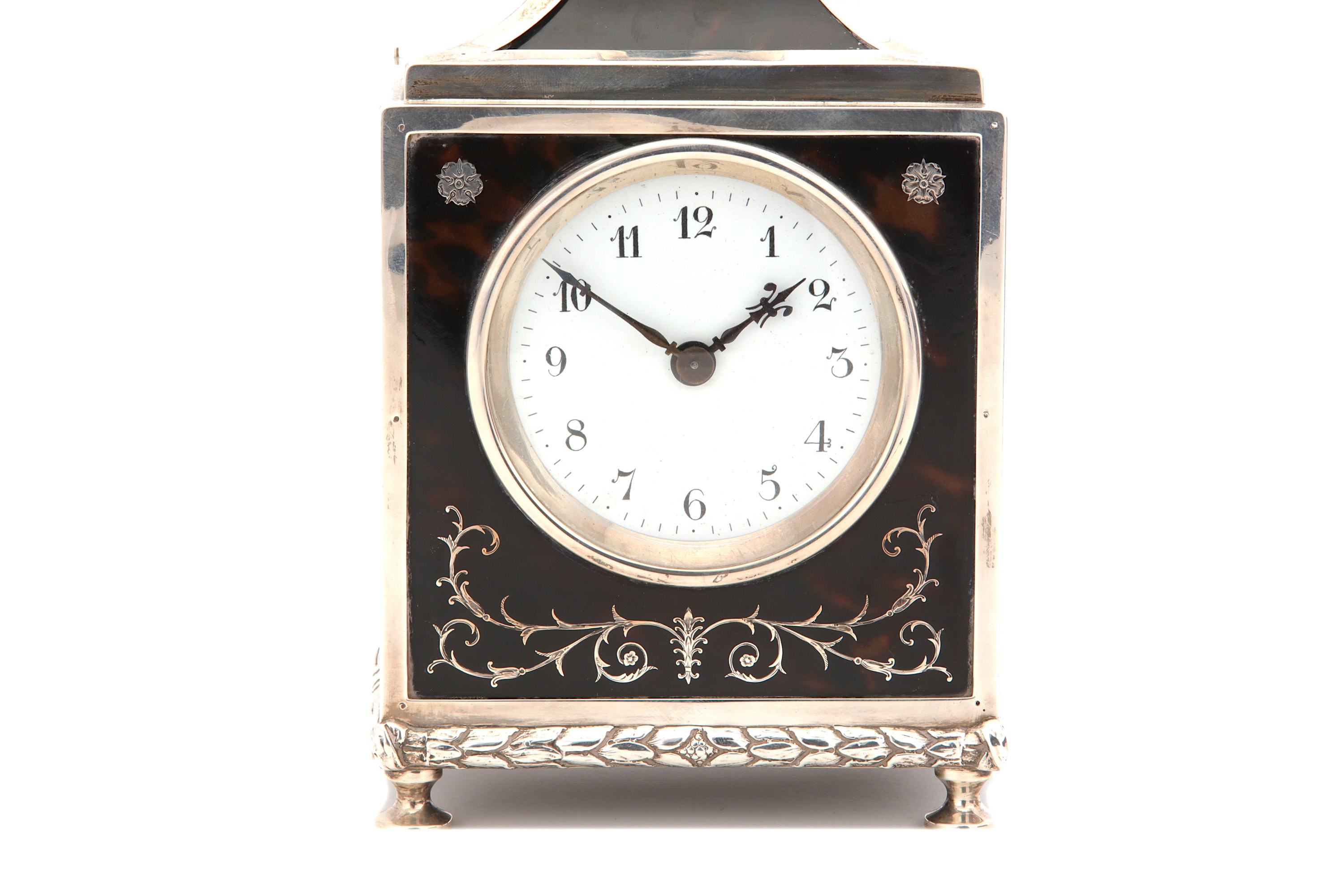 A George V antique sterling silver and tortoiseshell mantle clock, London 1912 by Elkington & Co - Image 2 of 6