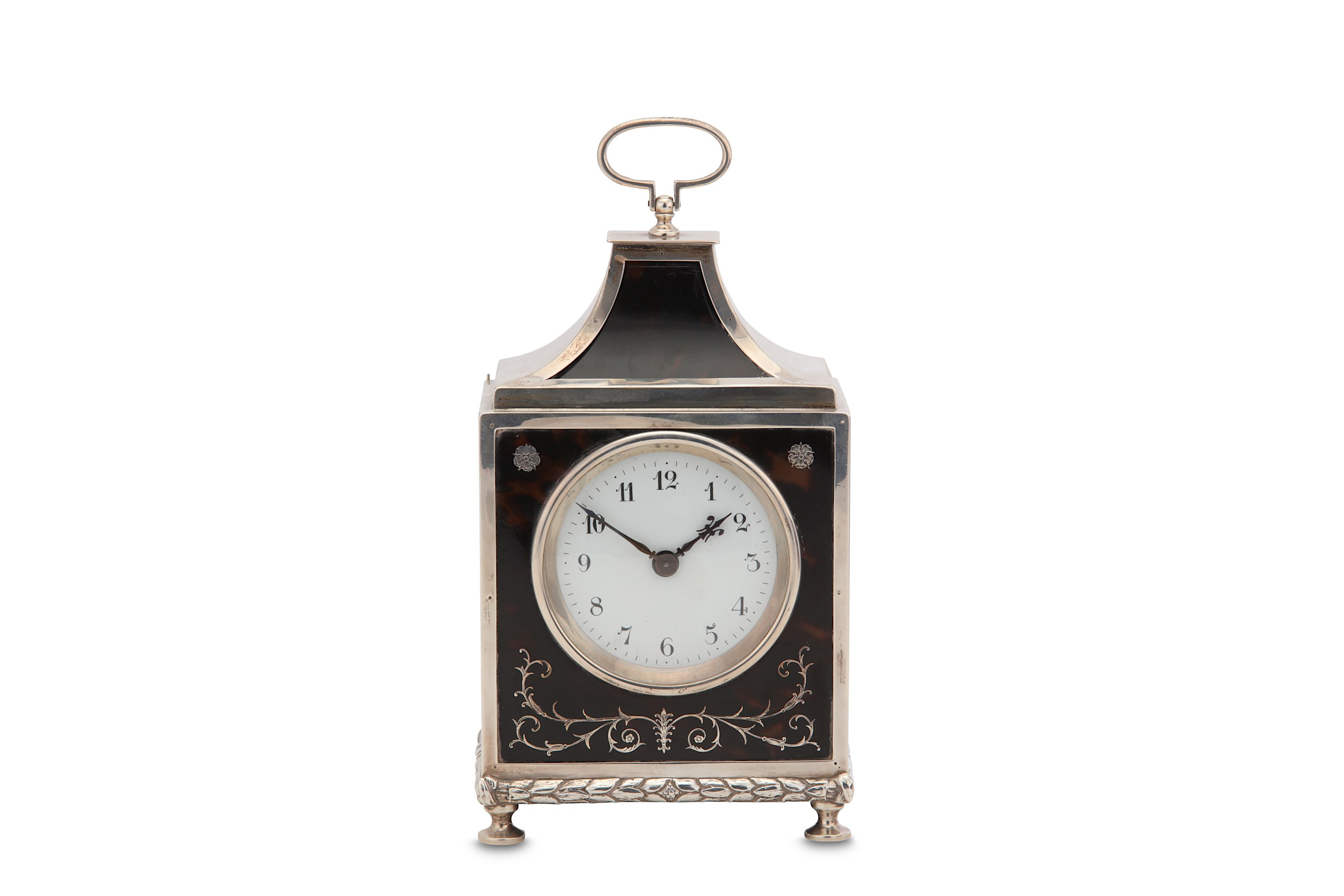 A George V antique sterling silver and tortoiseshell mantle clock, London 1912 by Elkington & Co