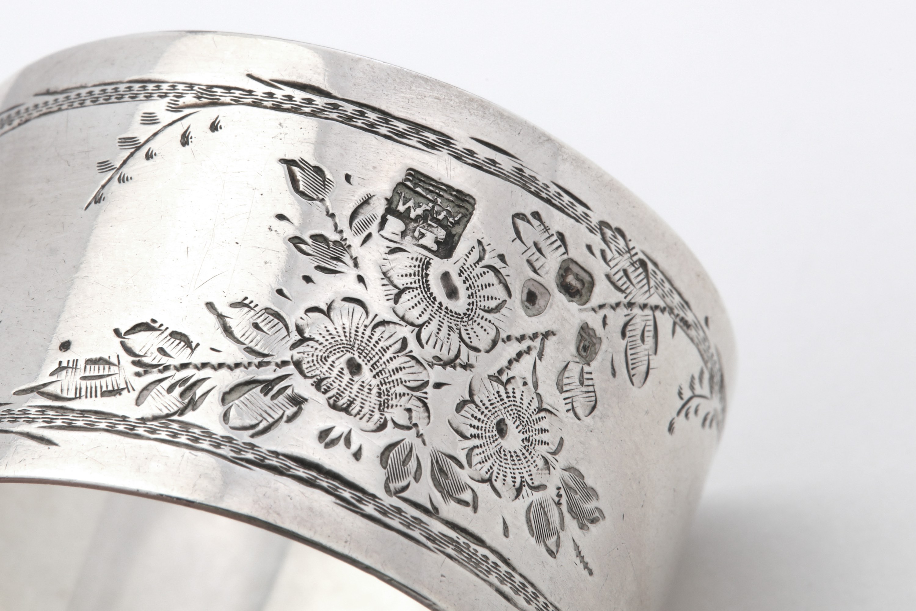 A cased set of six Victorian antique sterling silver napkin rings, London 1859 by Johnson, Walker an - Image 2 of 5