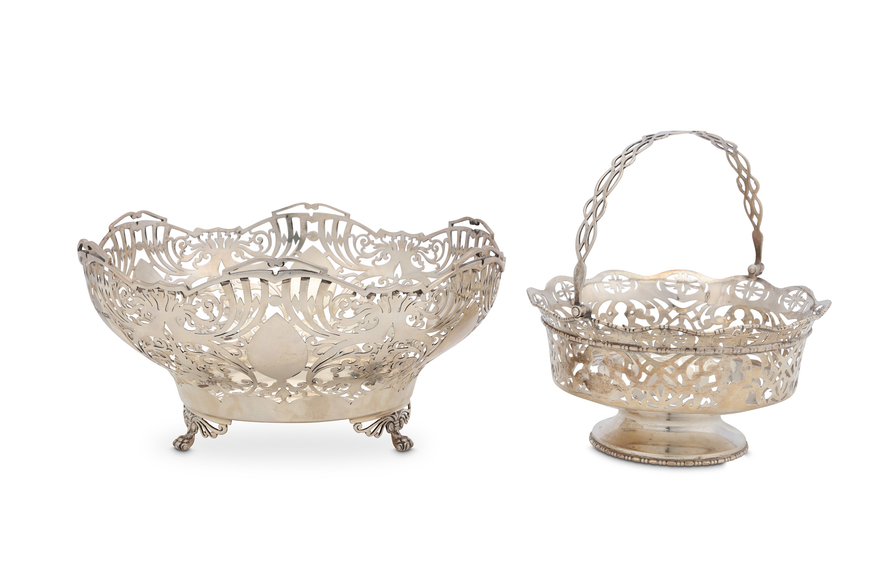 A mixed group of two sterling silver pierced dishes, comprising a George VI footed bowl, Sheffield 1