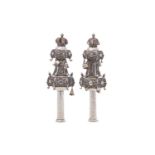 Jewish London Interest - A George V antique sterling silver par of torah finials (rimonim), London 1