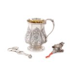 A mixed group of antique sterling silver items, including a George IV mug, London 1830, by William B