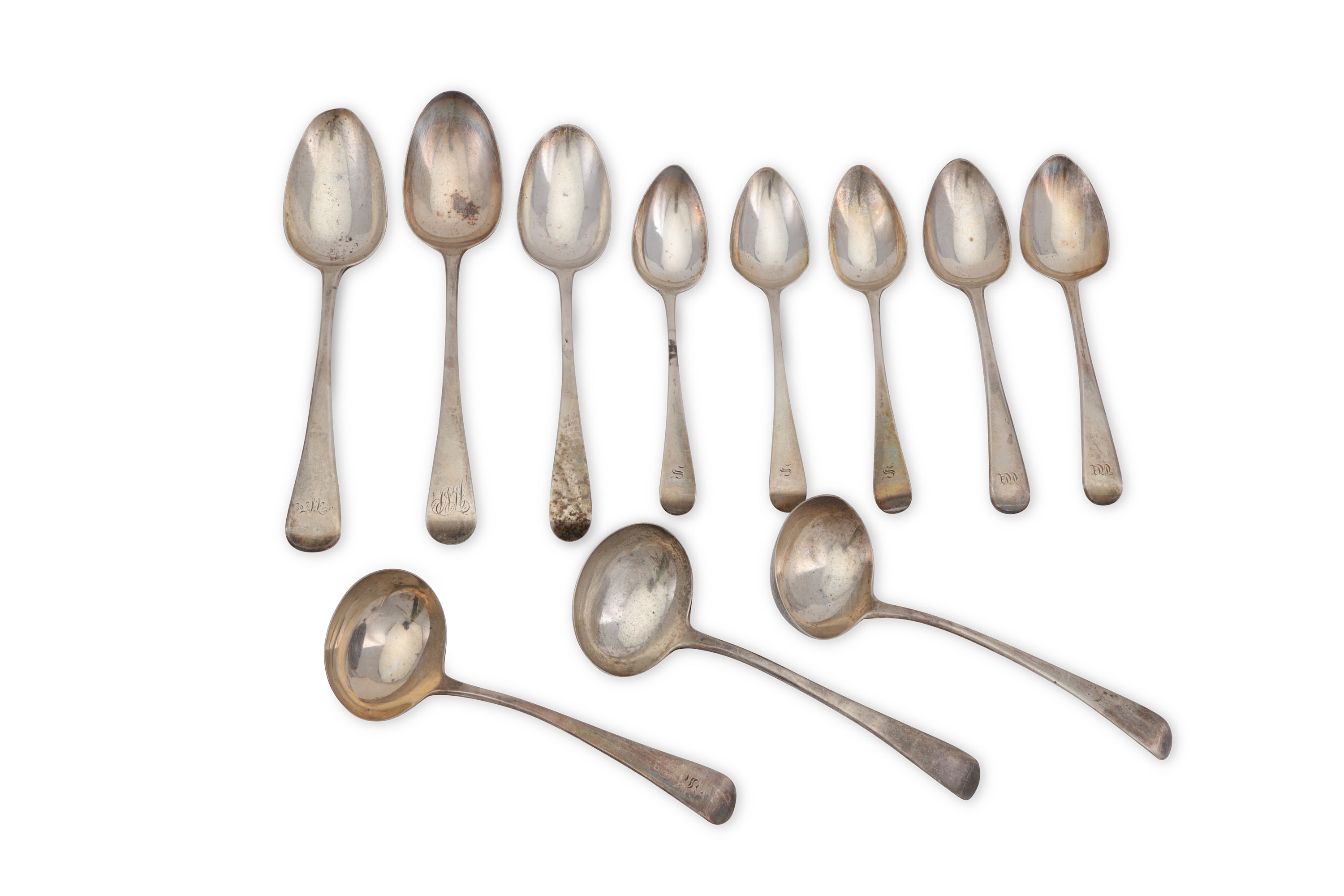 A mixed group of antique sterling silver flatware including a pair of George III sauce ladles London