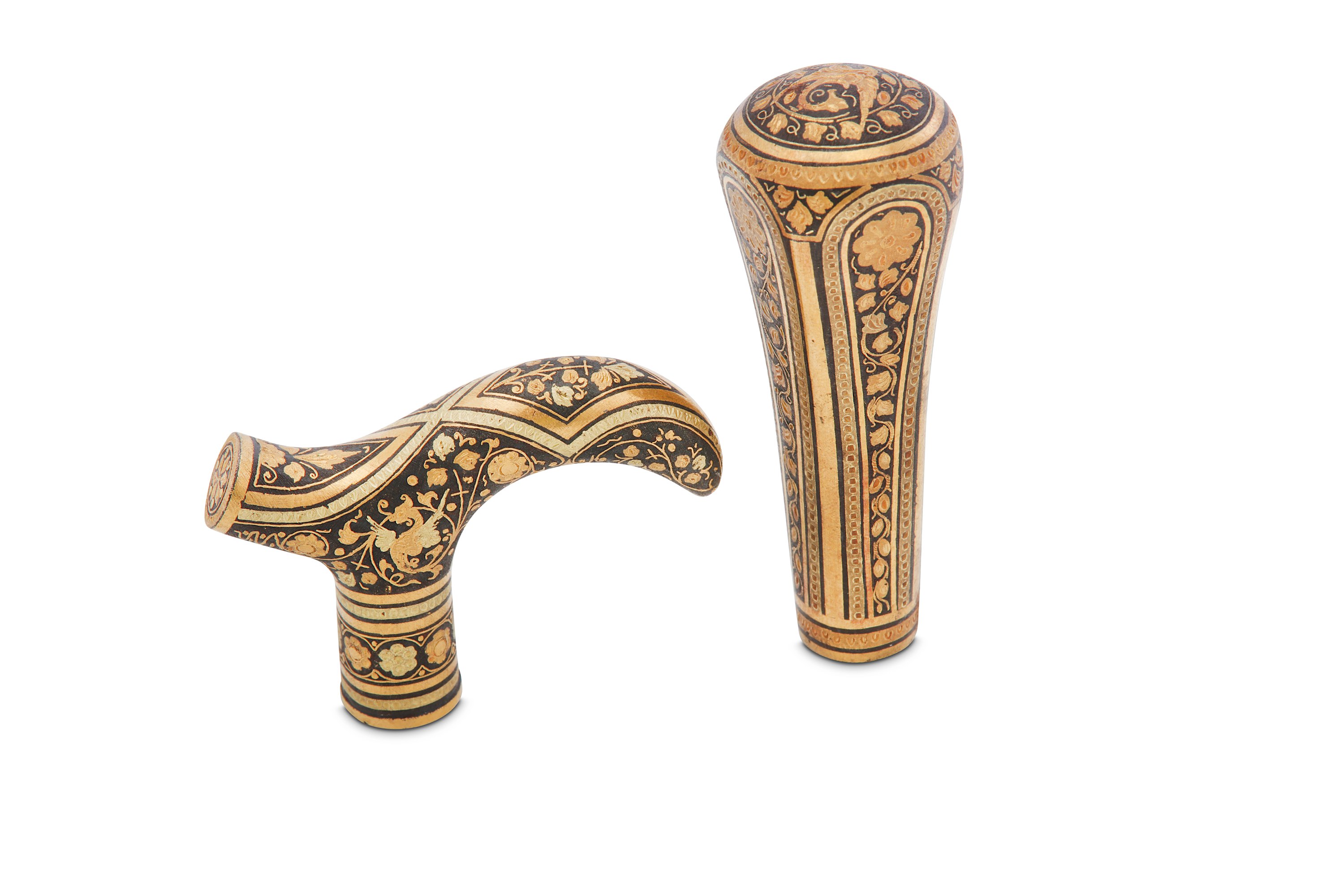 Two Damascened iron and gold inlay walking cane handles, probably 19th century Middle eastern