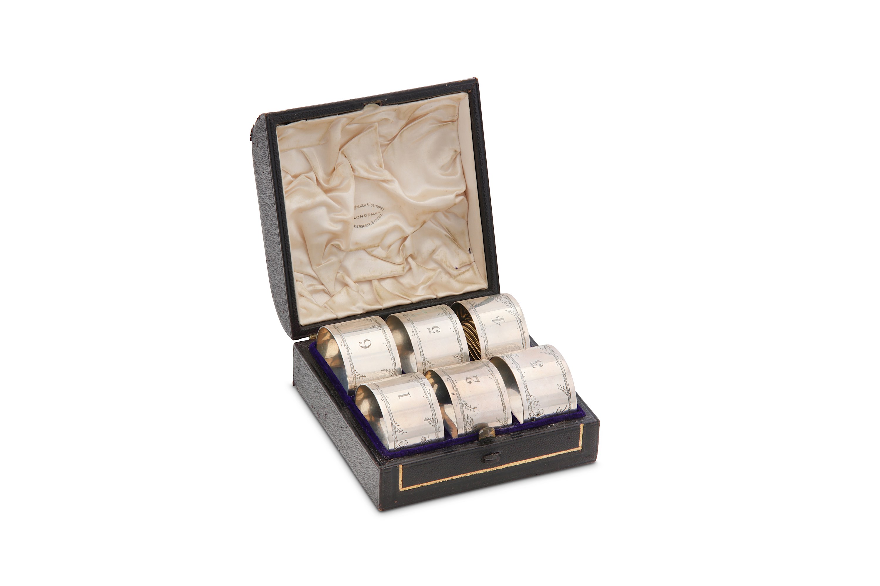 A cased set of six Victorian antique sterling silver napkin rings, London 1859 by Johnson, Walker an