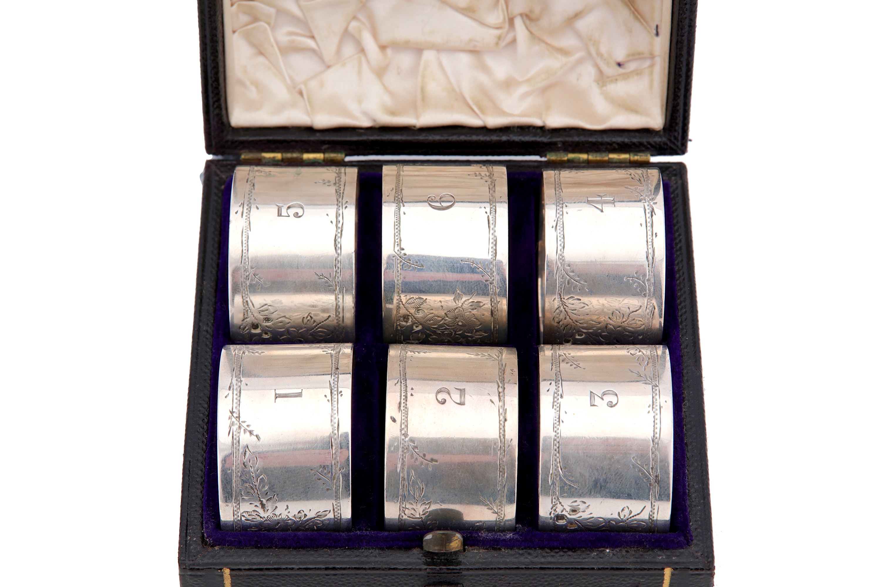 A cased set of six Victorian antique sterling silver napkin rings, London 1859 by Johnson, Walker an - Image 3 of 5