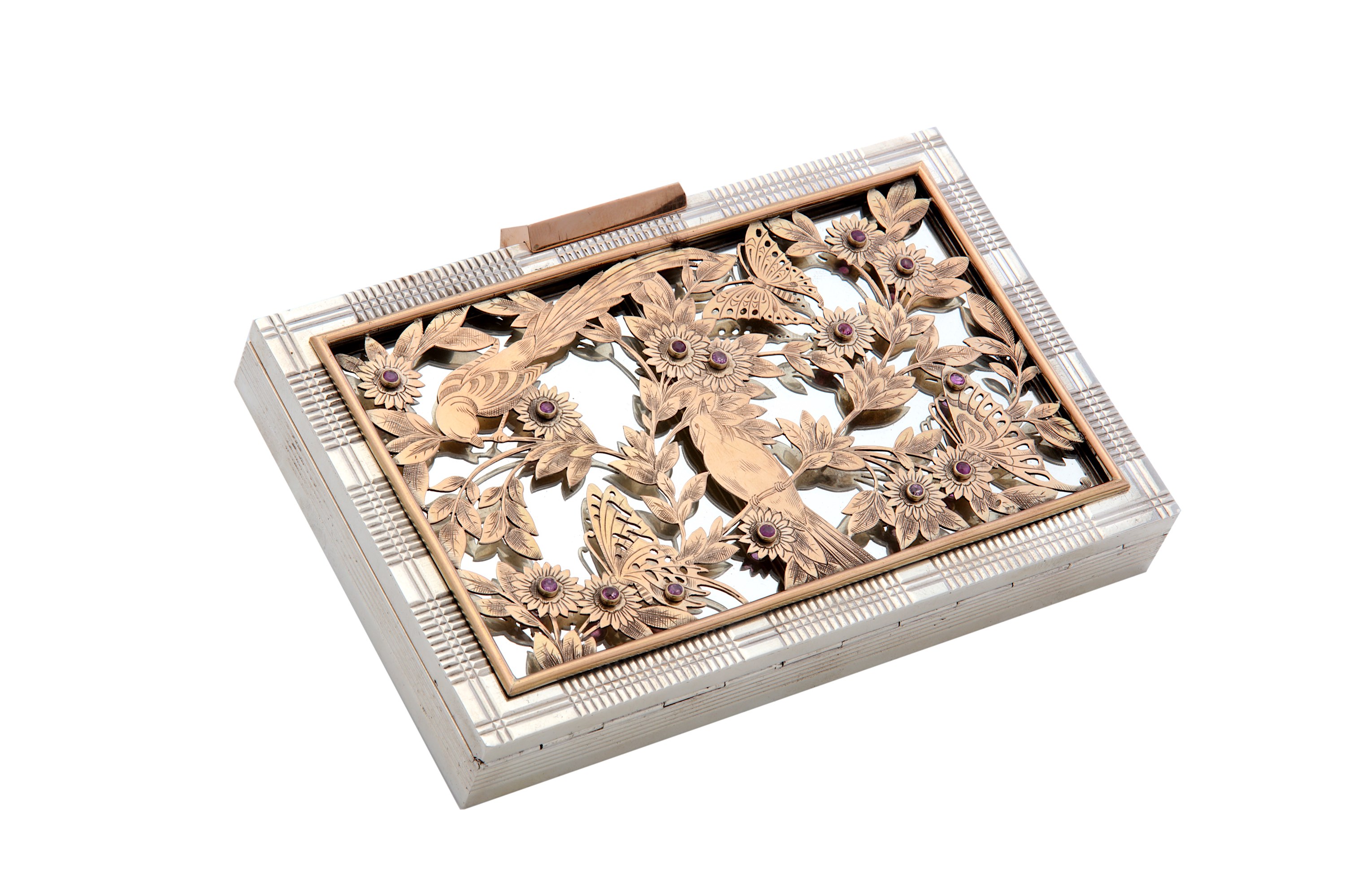 A mid - 20th century French 800 standard silver and gold vanity case / minaudière, by Boucheron circ