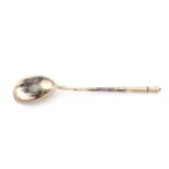 A late 19th century Russian 84 zolotnik silver and niello spoon, circa 1880, maker's mark OЛ