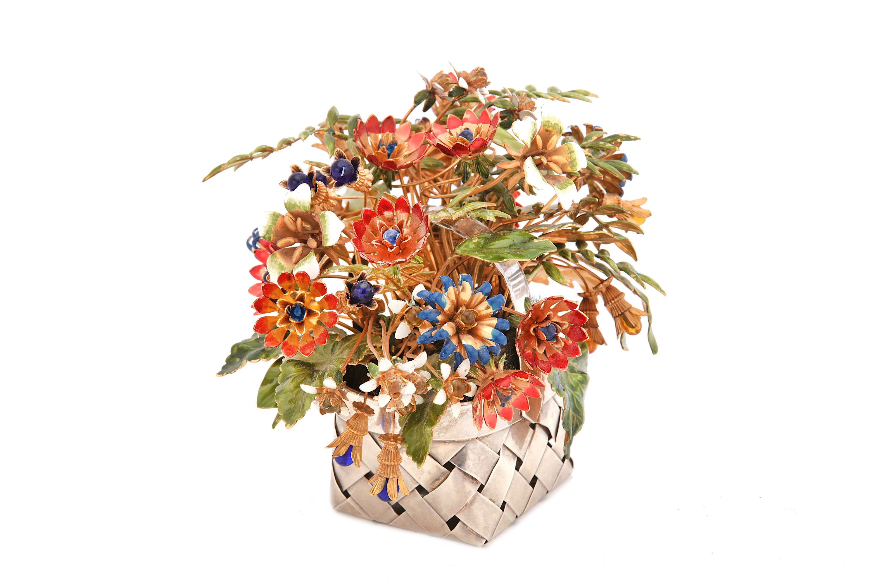 A 20th century sterling silver and enamel flower basket, stamped Cartier - Image 2 of 6