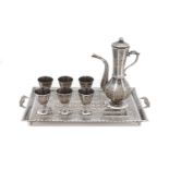 A Turkish silver and niello coffee set, stamped 800, the pot and tray also stamped Sivas